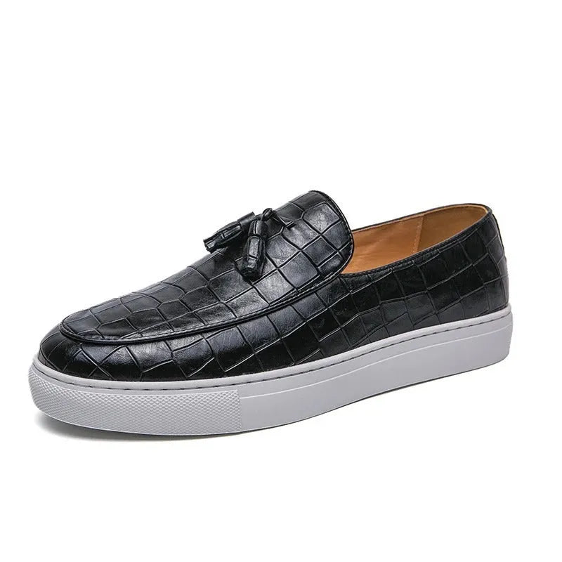 Men's plus size black business casual sneakers with tassel design on artificial PU leather upper