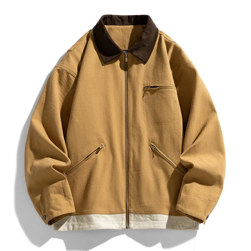 Men's retro workwear jacket with contrast lapels in loose autumn fit