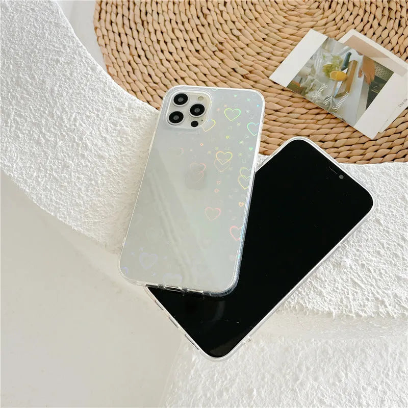 Clear silicone iPhone case with laser colourful love design, shown in butterfly and transparent colour options.