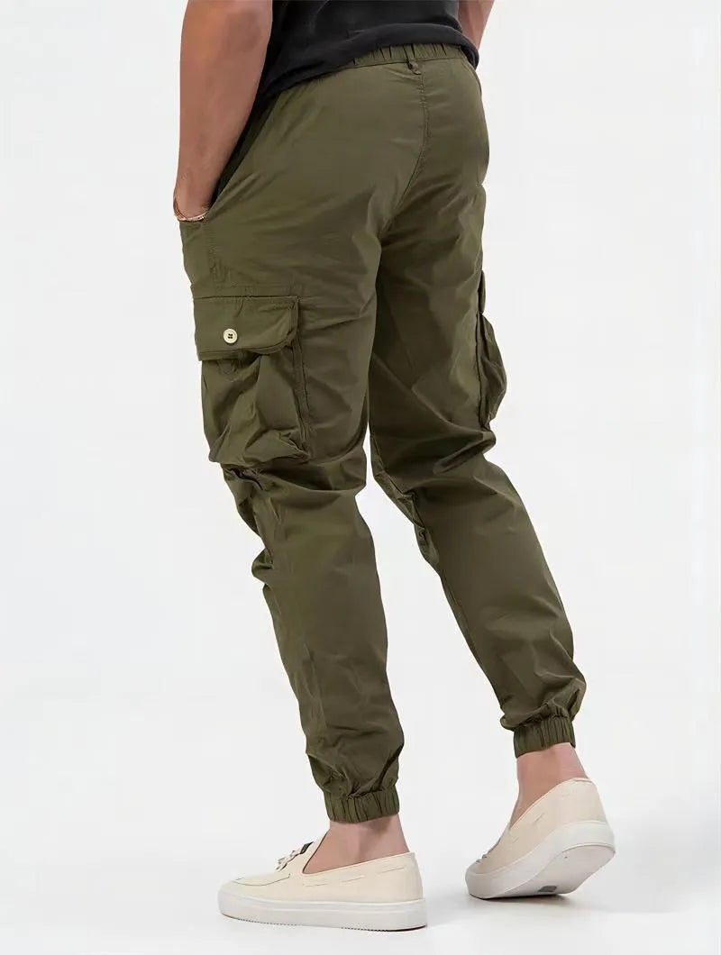 Men's cargo trousers with three-dimensional pockets and zip decoration in grey, khaki, black or military green, sizes S to 3XL