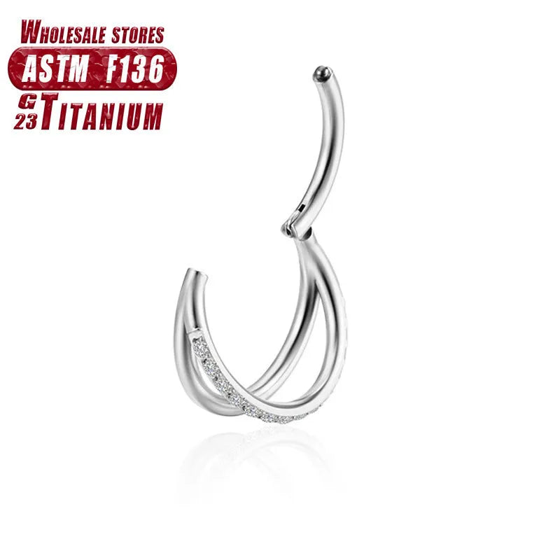 Titanium alloy fork nose ring in silver with diamond accent and plain black finish options