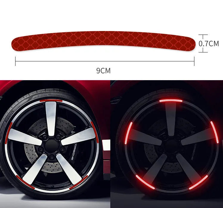 Pack of 20 arc-shaped PVC reflective stickers for car wheel hubs in multiple colour options