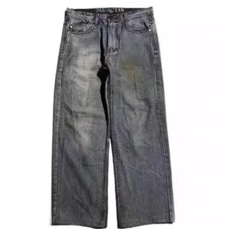 Men's grey washed-out wide-leg straight-cut denim jeans on a neutral background.