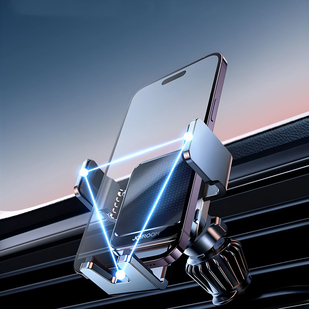Black automatic wireless car charging bracket mounted on a car air vent, showing a phone placed on the charger.