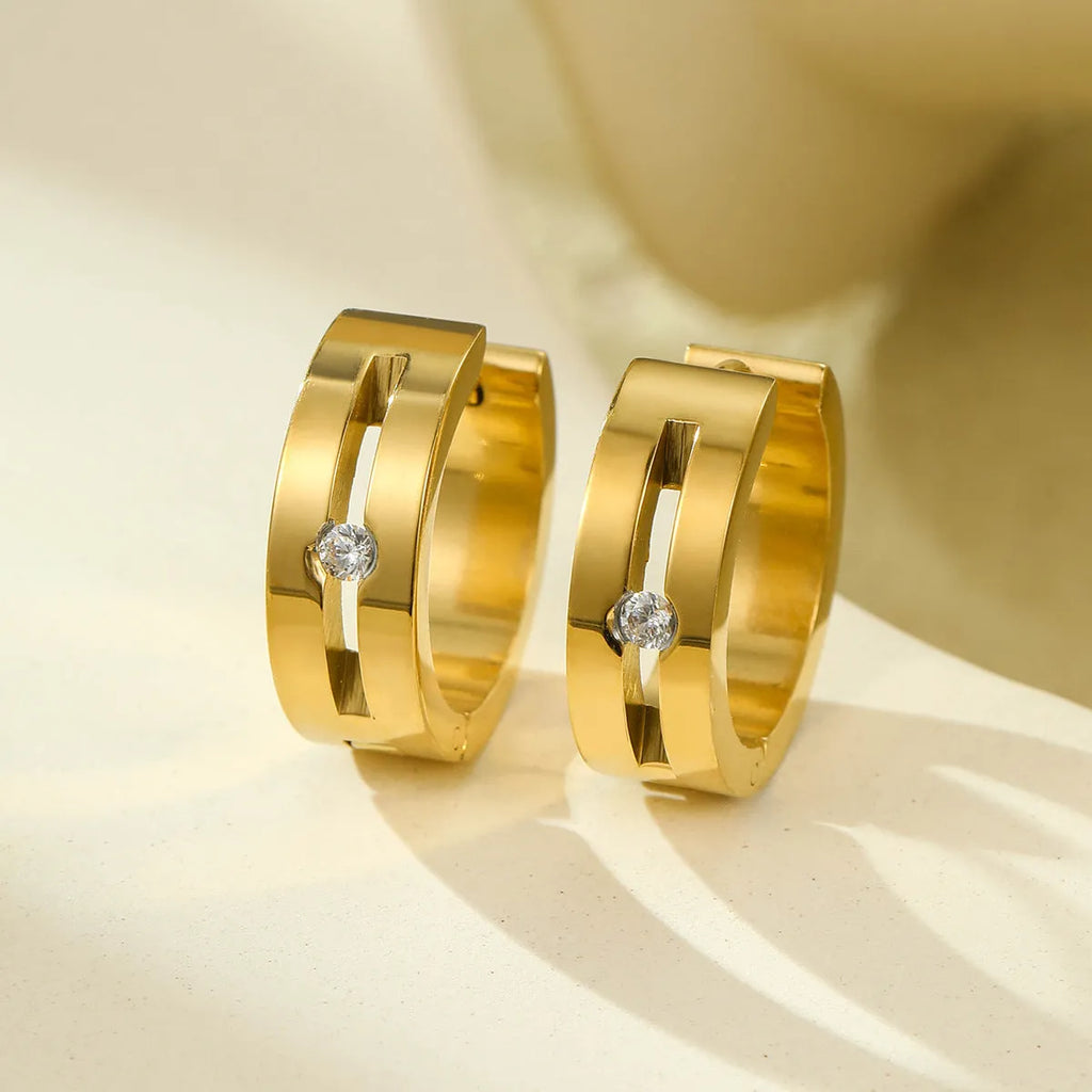 Women's geometric stainless steel drop earrings with 18K gold electroplating in golden finish