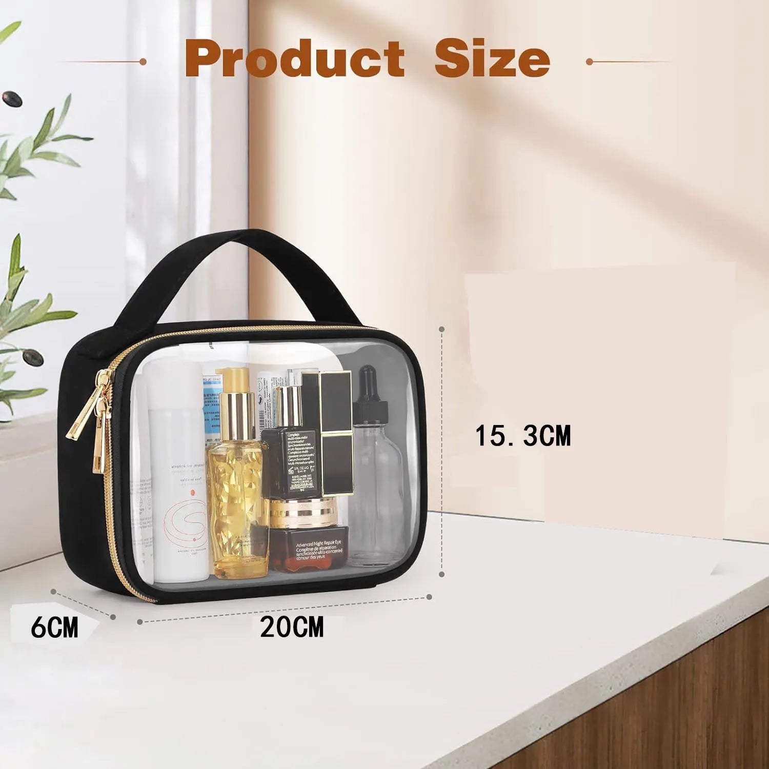 Transparent PVC lipstick wash bag measuring 7.85 inches with chain decoration in multiple colour options