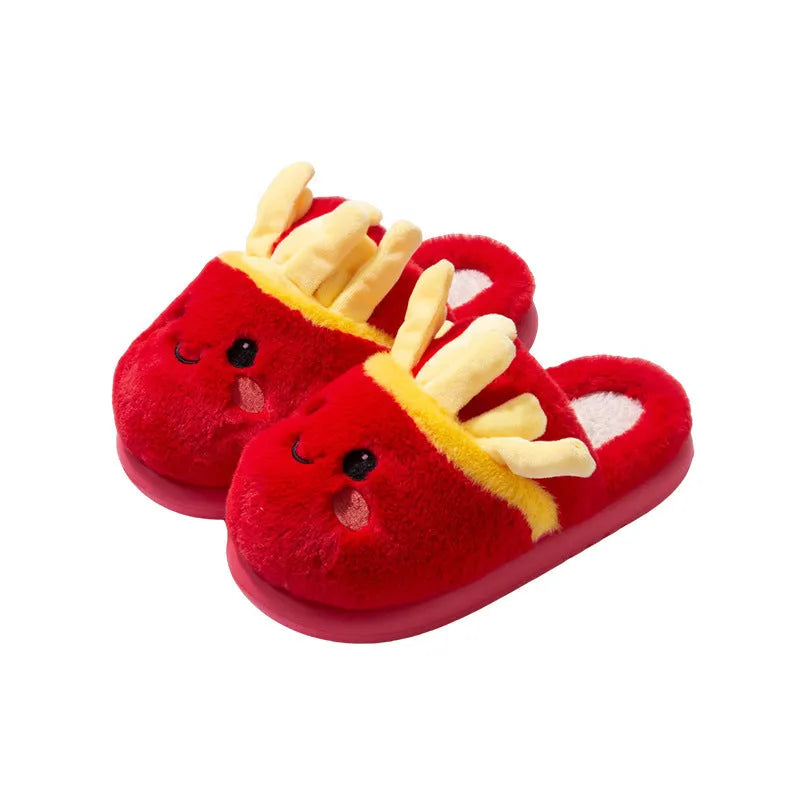 New indoor cotton slippers for women with suede upper and EVA sole, French fries design, available in multiple sizes.