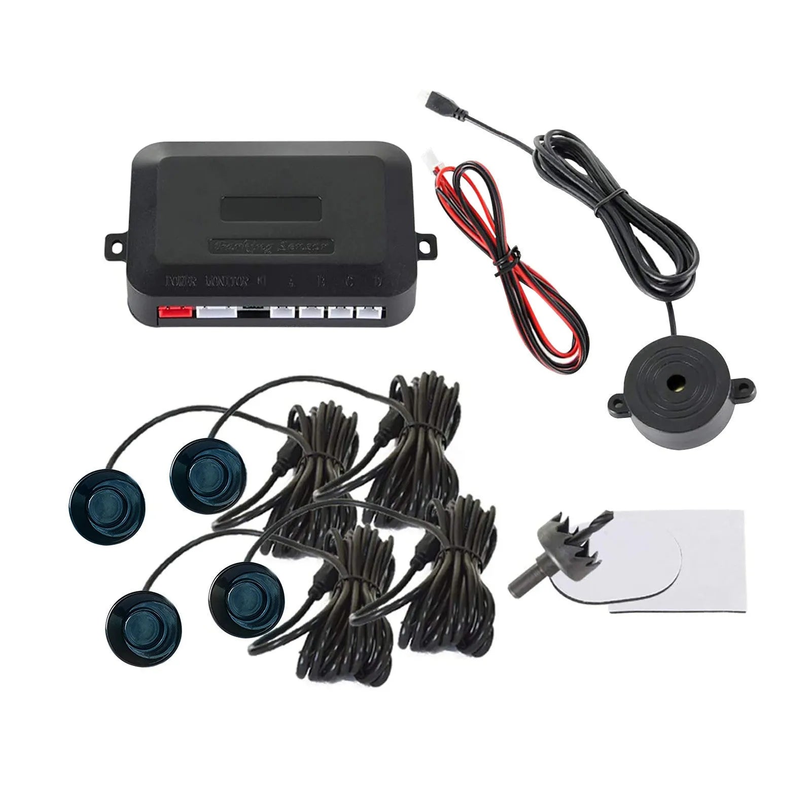 4-probe buzzer reversing radar kit with sensors, control module, and installation tools