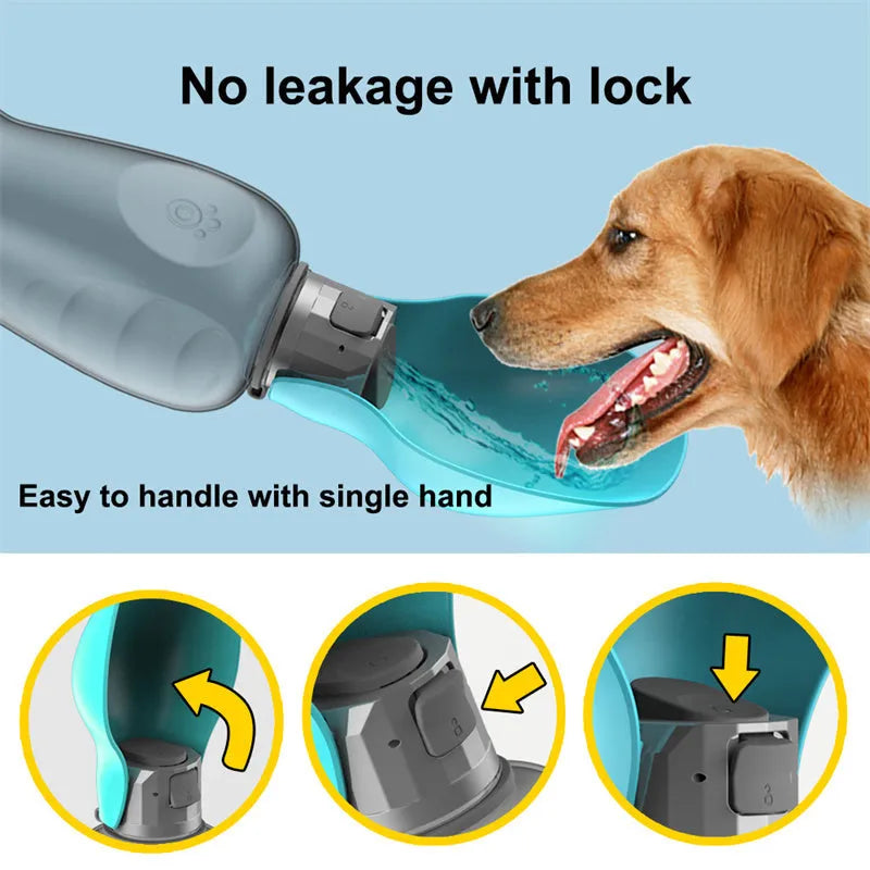 Blue grey portable dog water bottle with foldable drinking bowl showing 800ml capacity markings