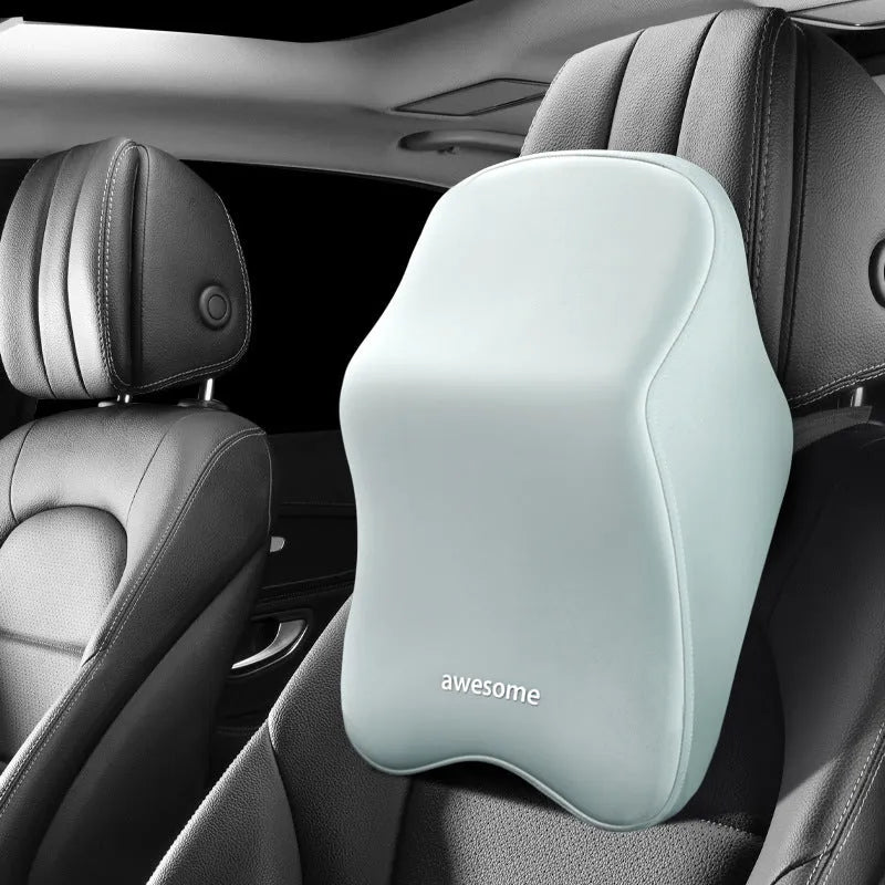 Geometric patterned memory foam car lumbar support pillow and matching headrest in grey.