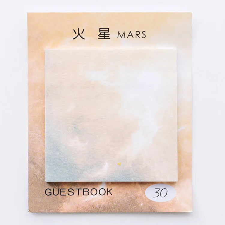 Square planet sticky notes pad showing celestial oil painting designs in six colour variations