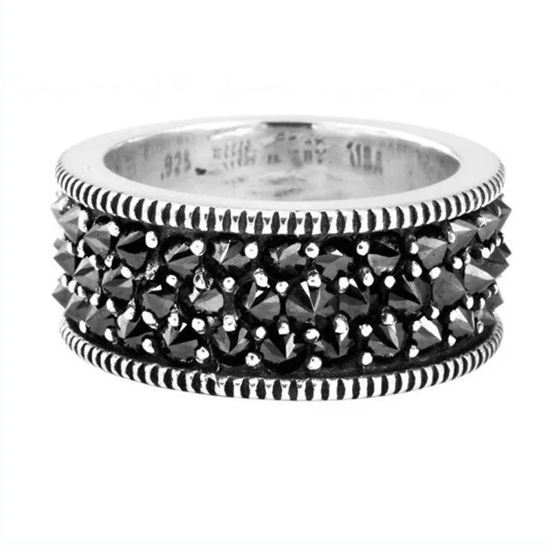 Unisex alloy geometric ring with black zirconia inlay and starry sky design on metal surface