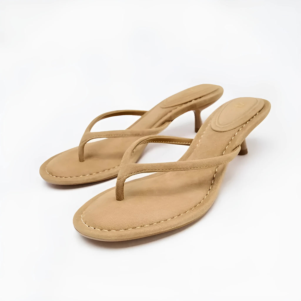 Round toe high heel flip-flops sandals in khaki colour with flip-toe opening and mid heel