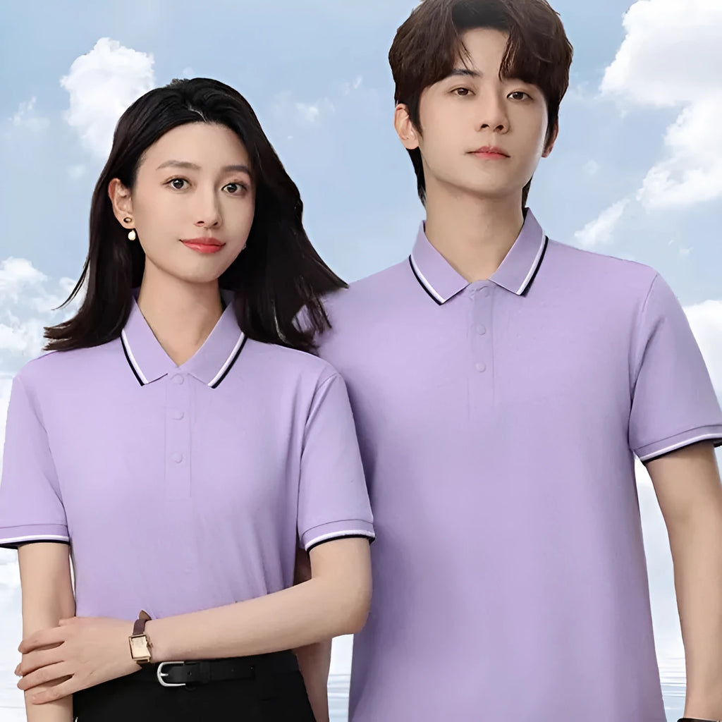 A straight-cut lapel style short sleeve T-shirt on a hanger, shown in multiple solid colour options.