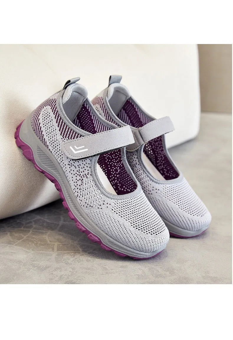 Women's Velcro walking shoes in Flyknit with mesh lining, low 1-3cm heel and round toe, Black And Purple