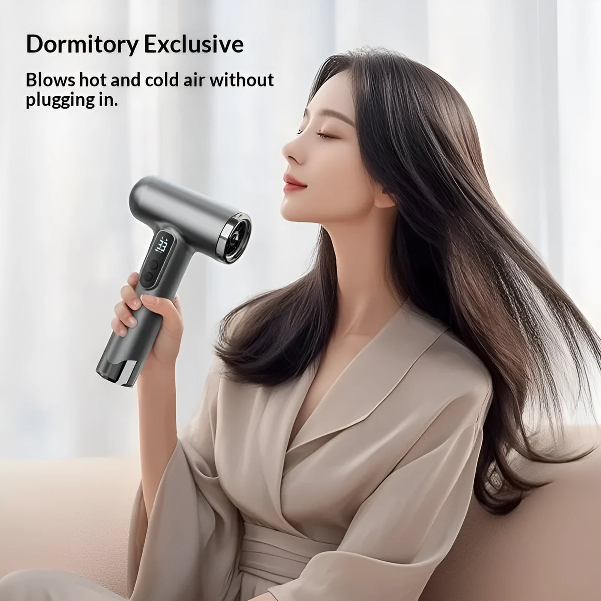 Wireless hair dryer in white, gray or pink with ABS shell, brushless motor, 3 speed gears and cold hot air settings.