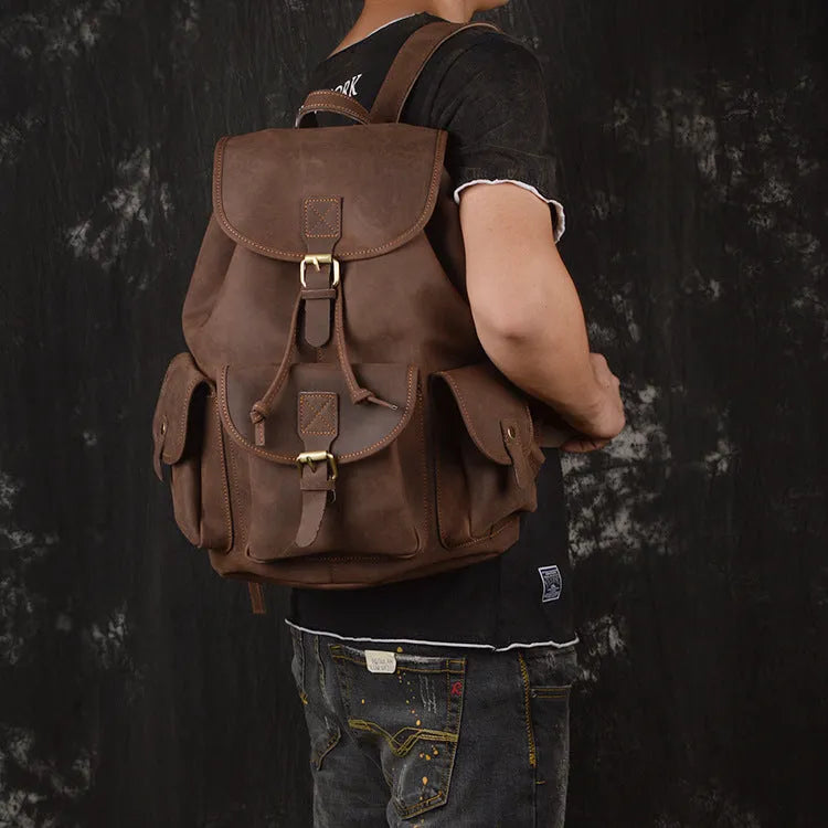 Men's retro leather drawstring backpack, 20L first layer cowhide, 30cm x 15cm x 40cm, Black Dark Brown Retro Brown
