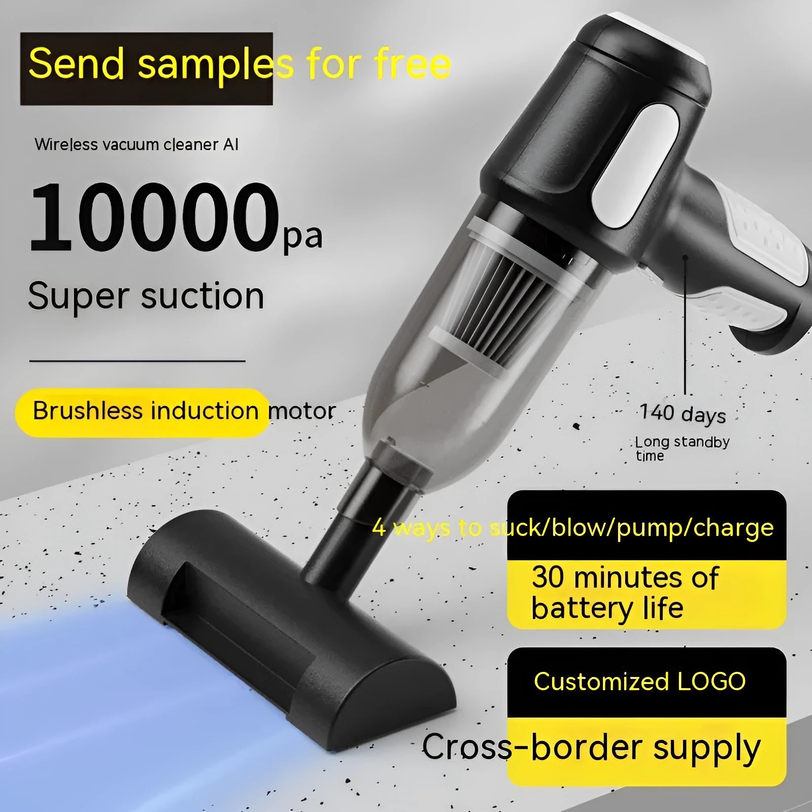 Black cordless handheld car vacuum cleaner with attachments on a grey car seat.