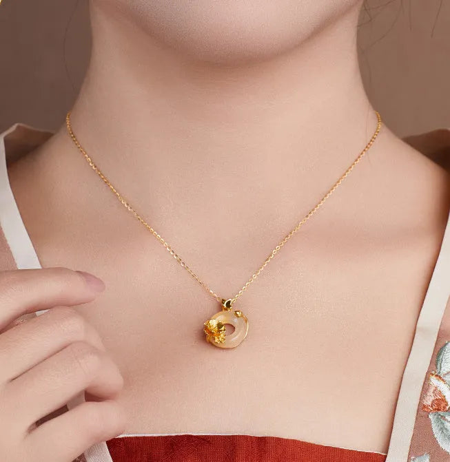 925 silver peach blossom pendant necklace with white chalcedony peace buckle and electroplated finish on regular chain