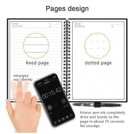Rewritable paper notebook with black PP cover, spiral binding, and pen on a desk