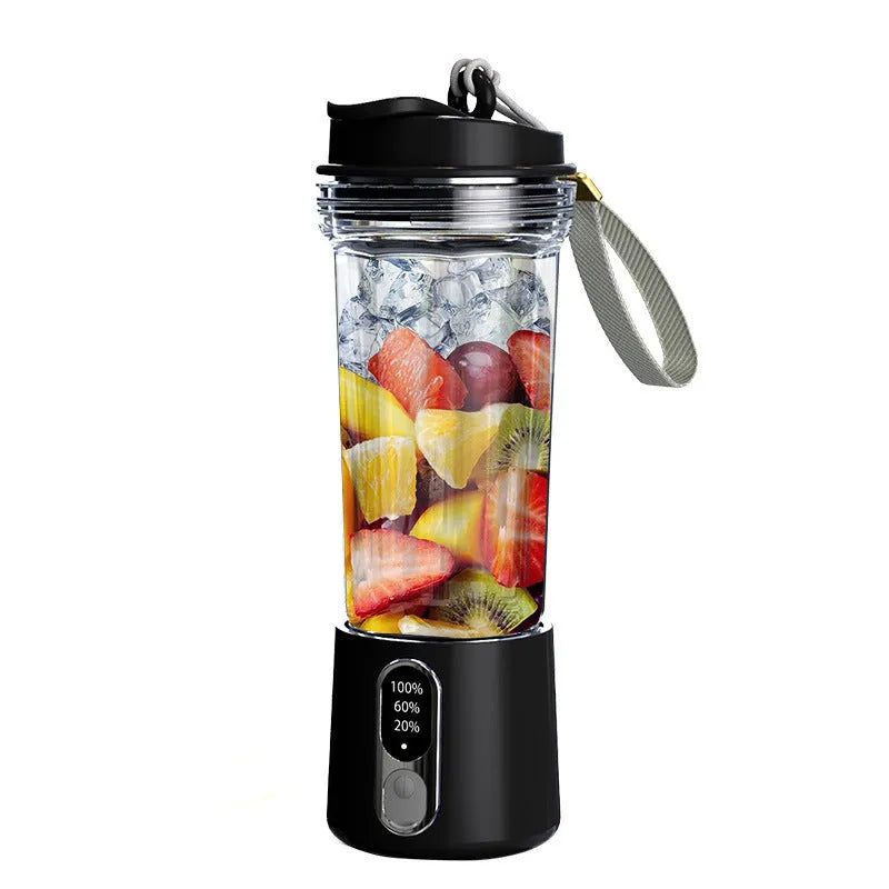 Portable USB rechargeable juicer cup 500ml in black plastic with lid and straw
