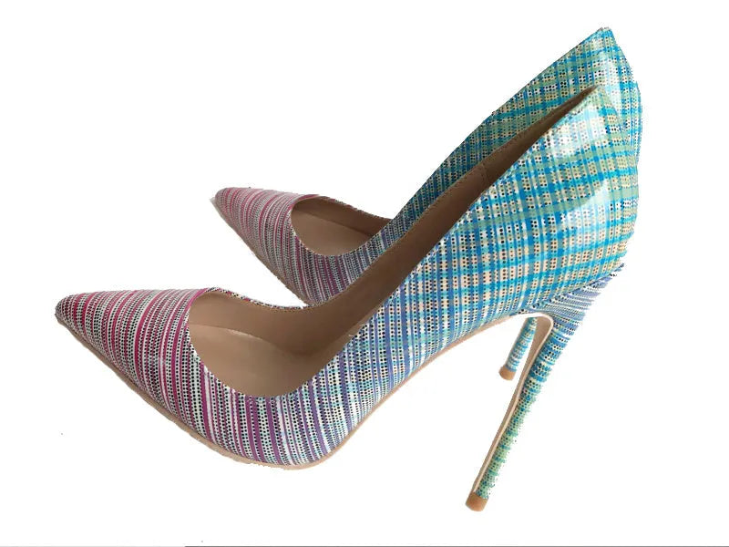 Pink and blue gradient patent leather ladies high heels with pointed toe and high thin heel