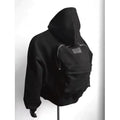 Light grey men's hoodie with a schoolbag design on the back, showing the hood and front zip.