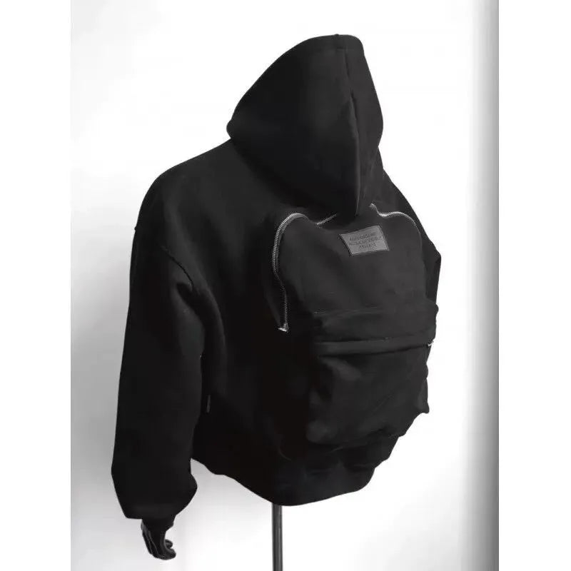 Light grey men's hoodie with a schoolbag design on the back, showing the hood and front zip.