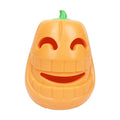 Orange Halloween pumpkin shaped interactive dog chew toy with a treat-dispensing funnel.