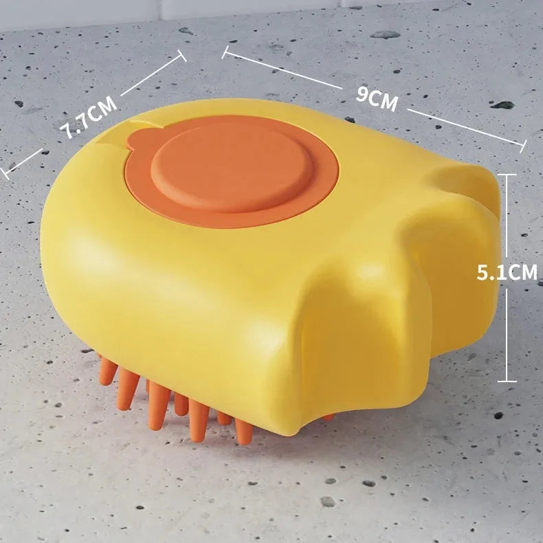 Blue pet bath brush with integrated shampoo box and massage comb bristles.