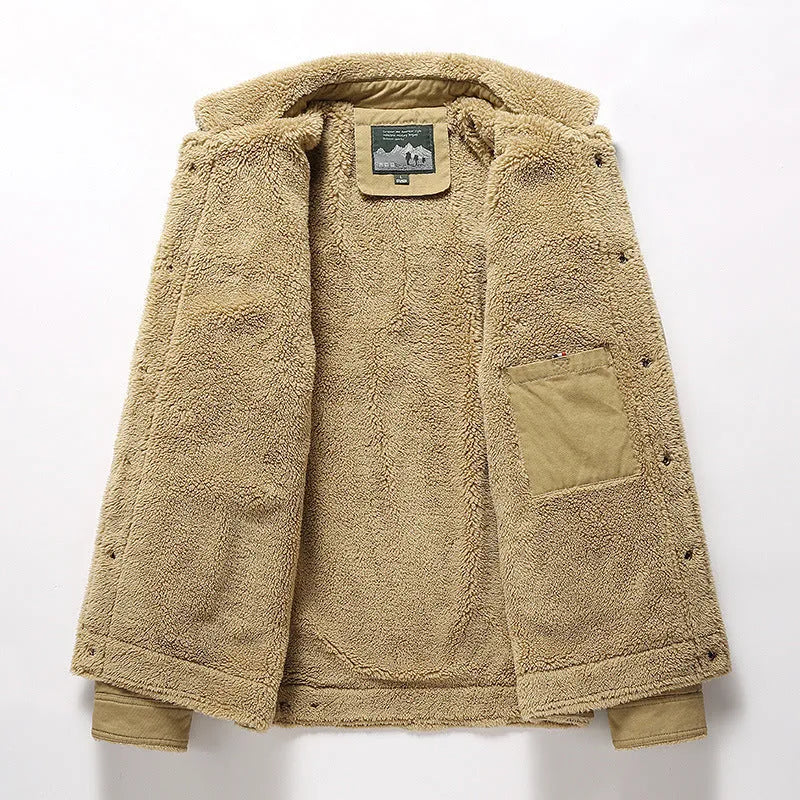Men's fleece-lined cotton casual jacket with polo collar in khaki, regular fit, available in multiple sizes