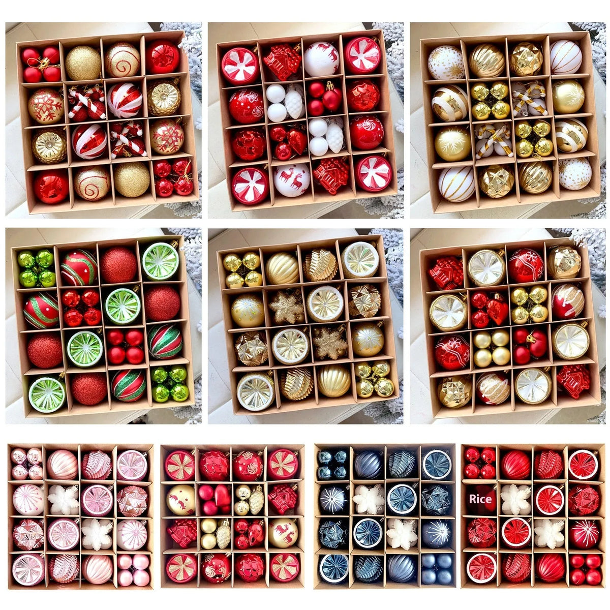 Plastic Christmas ball decoration set with electroplated painted pendants, 6cm full coloured drawing ball, and cowhide box.