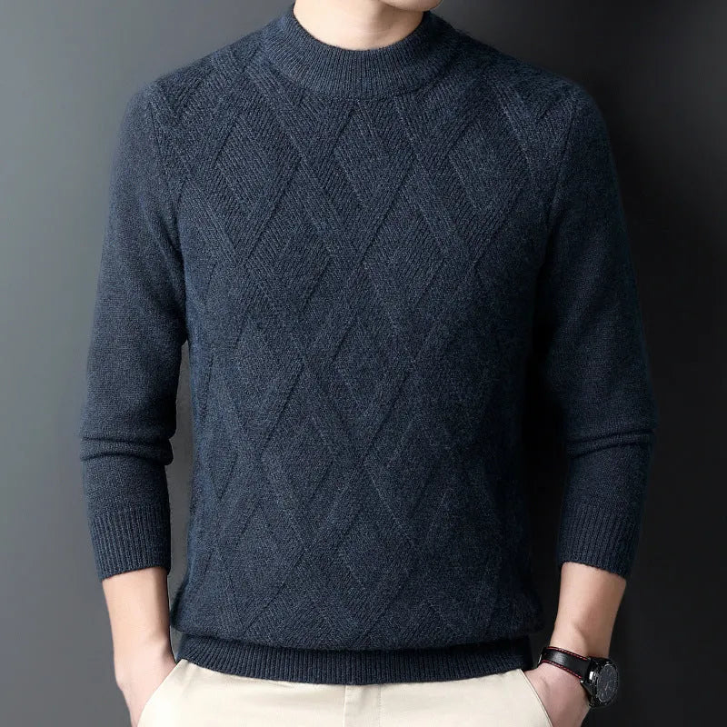 Men's thick winter sweater with diamond jacquard pattern in light camel colour, plus size fit.