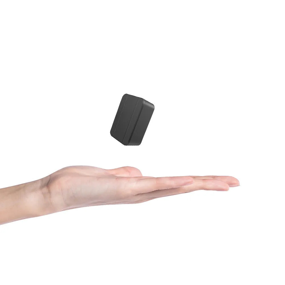 Black pet mini GPS locator with USB charging, 48mm x 32mm x 20mm, ABS body, GPS 5m accuracy