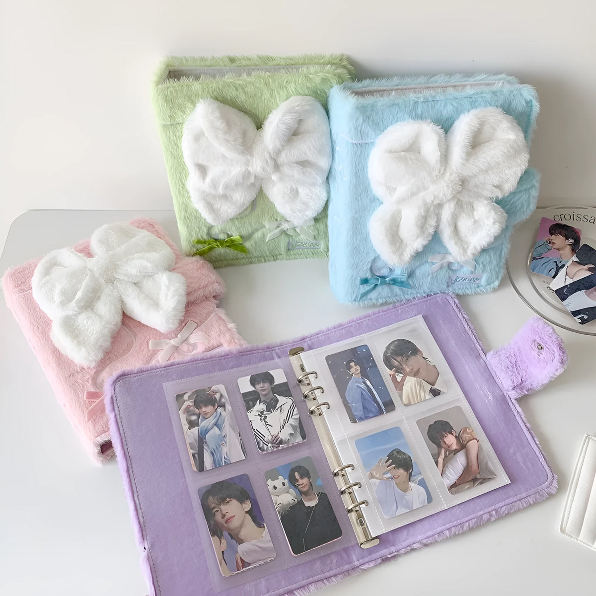 A5 plush bow loose-leaf photo album, pink blue green purple cover options, refill pages sold separately.