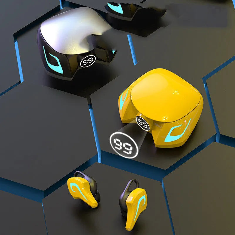 Colourful wireless Bluetooth gaming headset with earplug-style earpieces in yellow, black, and grey variants.