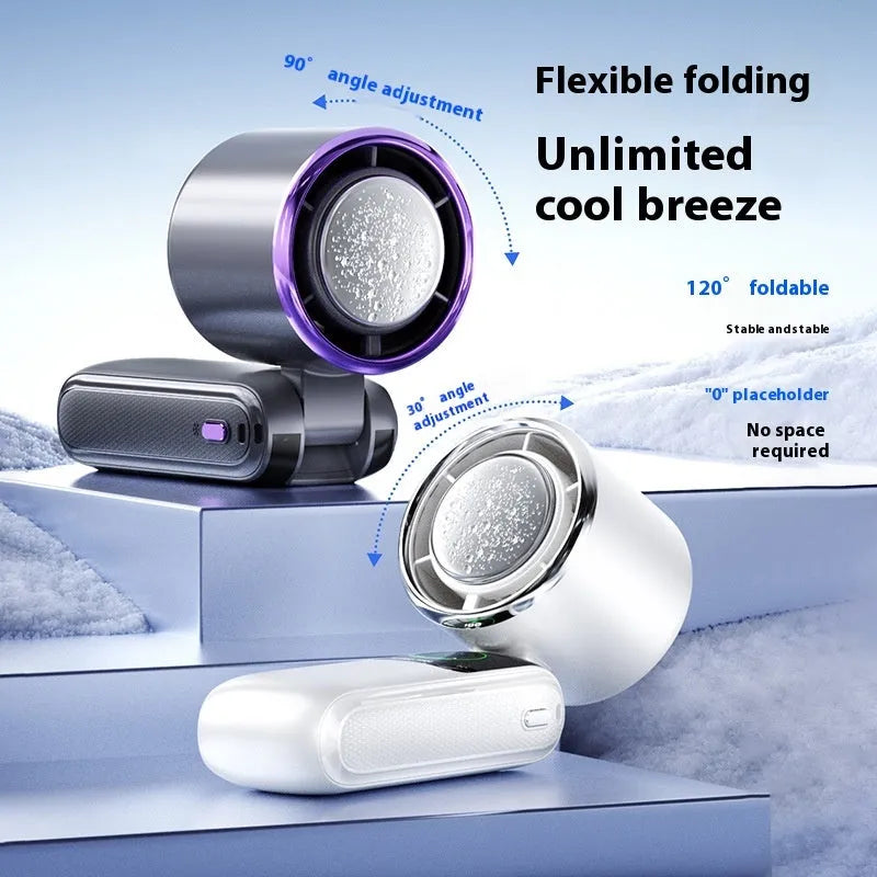 Blue USB rechargeable handheld electric fan with adjustable speed settings and folding design