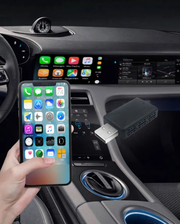 Black 2-in-1 wireless car adapter with USB interface