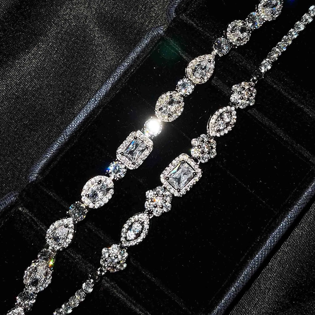 Geometric women's silver bracelet with zircon stones, shown in two length options.