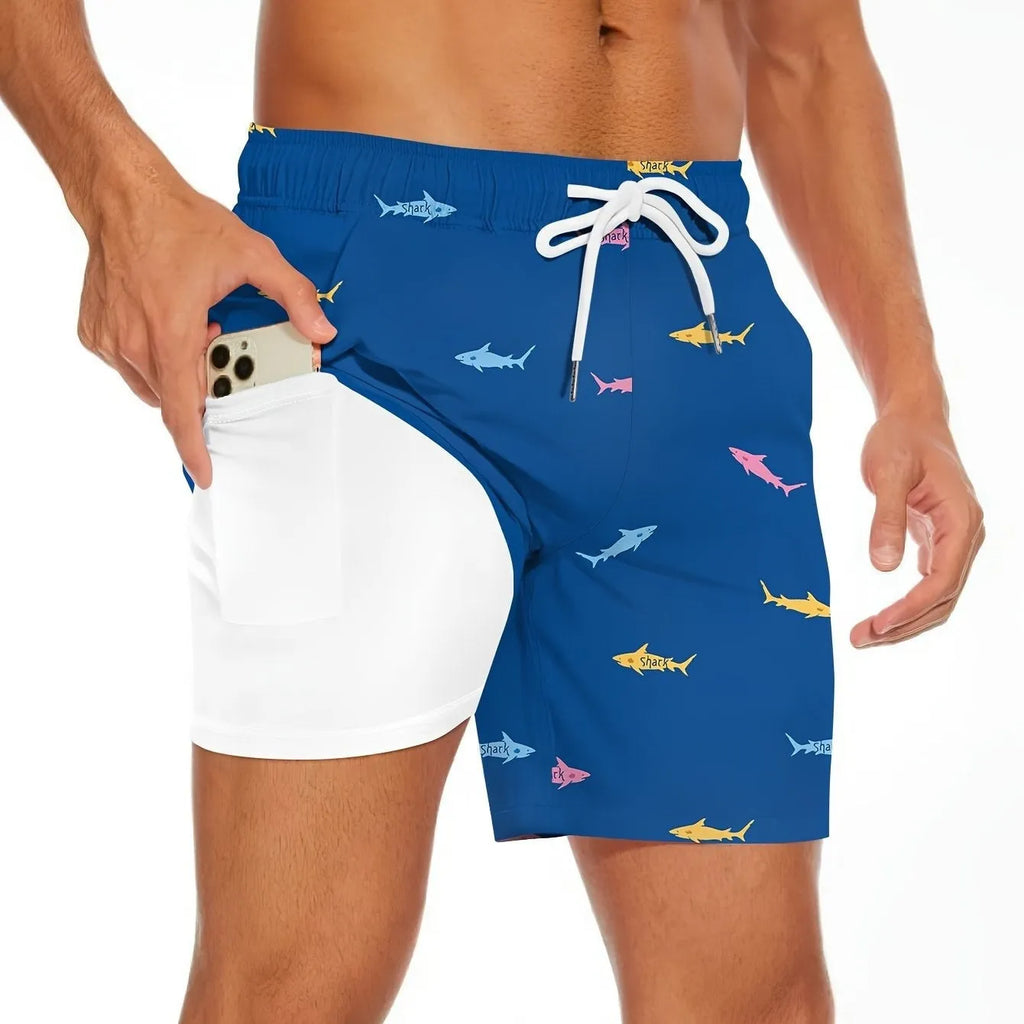 Men's black shorts with a white shark graphic print and an elasticated drawstring waistband.