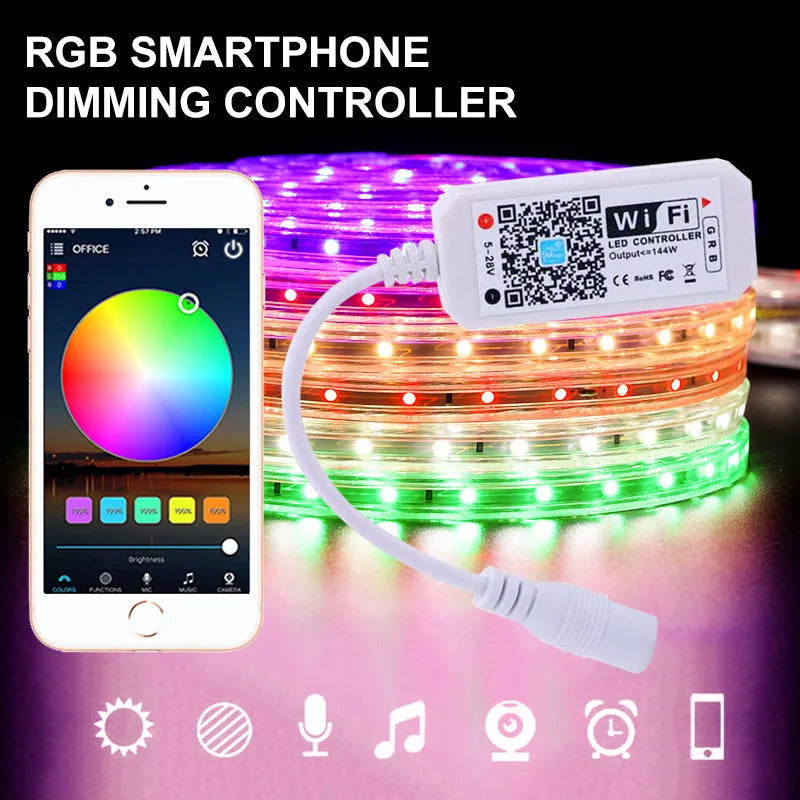 White WiFi RGB LED strip controller with Magic Home Pro app compatibility for smartphone lighting control