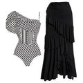 Women's striped one-piece swimsuit with black ruffled skirt detail for swimming and beachwear
