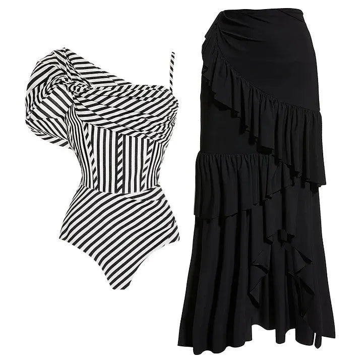 Women's striped one-piece swimsuit with black ruffled skirt detail for swimming and beachwear