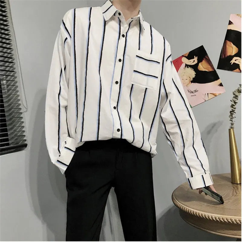 Men's casual loose striped cotton shirt in blue and red, sizes M to 5XL for relaxed everyday wear