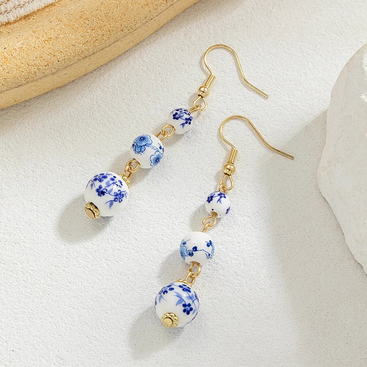 Blue and white porcelain ceramic bead long retro earrings with alloy construction and geometric design