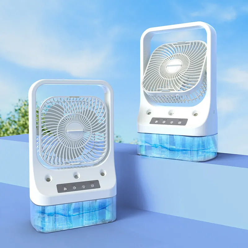 White USB rechargeable desk cooling fan with water tank and adjustable head