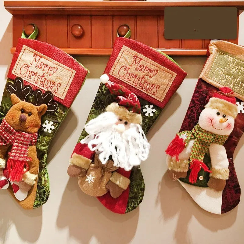 Christmas stocking with 3D appliqué snowman design, burlap fabric, and sturdy hanging loop