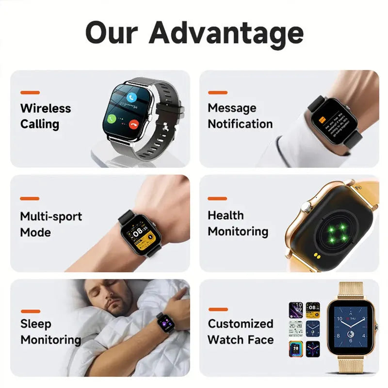 Black and gold smart watch with 1.44-inch touch screen and silicone strap on a wrist