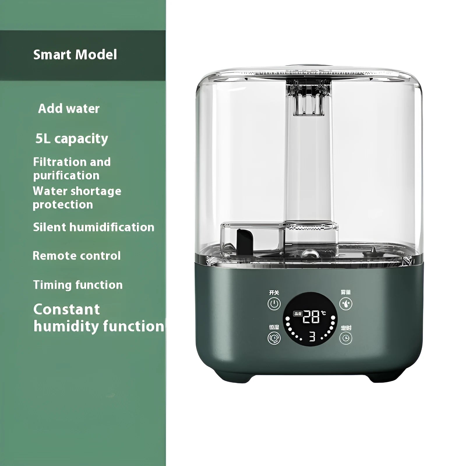 Green KC-112 touch screen intelligent humidifier with remote control on a table