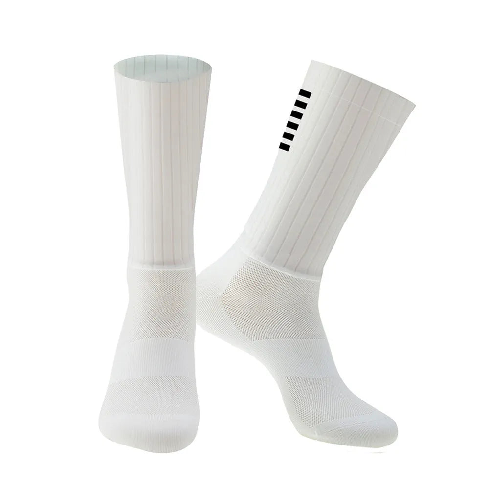 Pair of breathable athletic sports socks for cycling and running in a chemical fibre blend fabric.